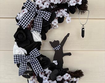 Cat Wreath, Cat Moon Wreath, Cat Crescent Moon Wreath, Cat Decor, Kitty Wreath, Cat Decor, Kitty Decor, Cat Hanger