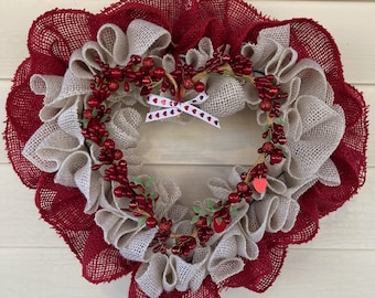 Sweet Valentine's Day Wreath for Front Door, Valentine's Wreath, Heart Wreath, Red Burlap Heart Wreath, Valentine Day Decor,Front Door Heart