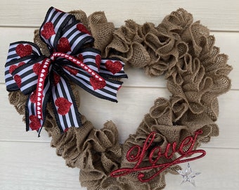 Valentine's Day LOVE Wreath for Front Door, Valentine's Wreath, Heart Wreath, Red Burlap Heart Wreath, Valentine Day Decor, LOVE Wreath