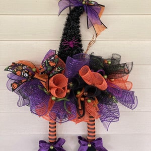 Witch Hat Wreath, Halloween Deco Mesh Witches Hat Wreath, Halloween Witch Door Hanger, Orange Legs Witch Hat