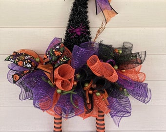 Witch Hat Wreath, Halloween Deco Mesh Witches Hat Wreath, Halloween Witch Door Hanger, Orange Legs Witch Hat