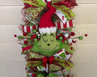 Grinch Christmas Swag Wreath, Grinch Decor, Grinch Door Hanger, Christmas Wreath
