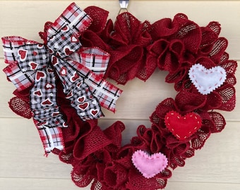 Valentine's Day Wreath for Front Door, Valentine's Wreath, Heart Wreath, Red Burlap Heart Wreath, Valentine Day Decor, Red Valentine's Day