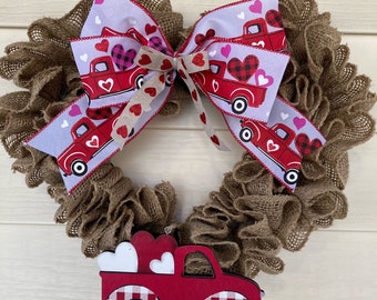 Valentine Truck Wreath, Valentine's Heart Decor, Valentines Wreath for Front Door, Truck Wreath, Valentine Decor, RED or PINK Truck