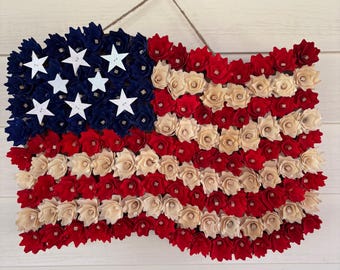 Patriotic Wooden Rose Wreath, Patriotic Decor,