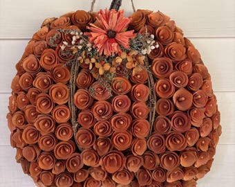 Pumpkin Fall Wreath, Wooden Roses Fall Door Wreath, Thanksgiving Decor Wreath