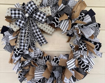 Rag Wreath, Rustic Country Rag Wreath, Everyday Cream and Black Rag Wreath, Everyday Wreath,