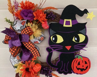 Halloween Cat Wreath, Black Cat Wreath, Halloween Cat Decor, Cat Wreath, Fall Cat Wreath
