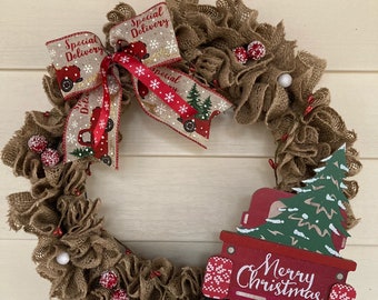 Red Truck Wreath, Truck Wreath, Merry Christmas Wreath, Christmas Red Truck Wreath, Christmas Truck Wreath, Christmas Decor, Red Truck