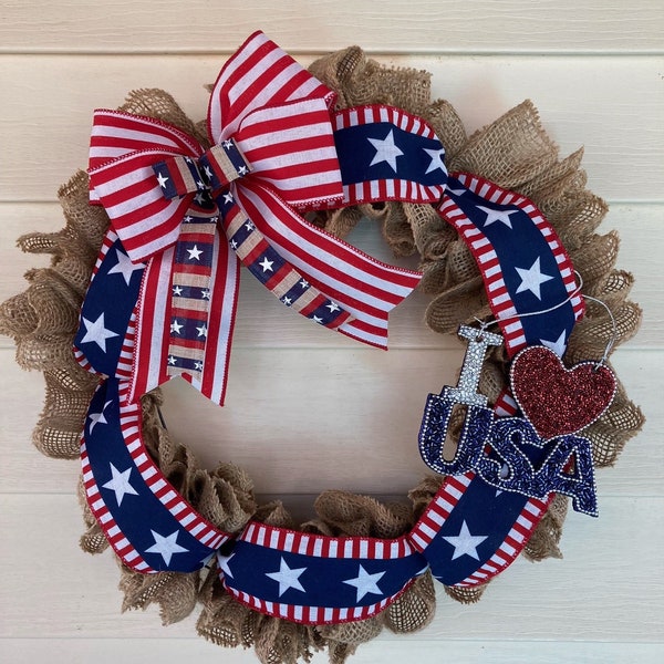 SPARKLY Patriotic Burlap Wreath, July 4th Wreath, Independence Day Wreath, Memorial Day Wreath, Flag Day Wreath, Patriotic Decor, USA Wreath