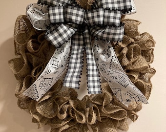 Farmhouse Buffalo Plaid Wreath, Burlap Wreath, Burlap Buffalo Plaid Wreath, Buffalo Plaid Wreath, Black and White Plaid Wreath, Rustic Decor