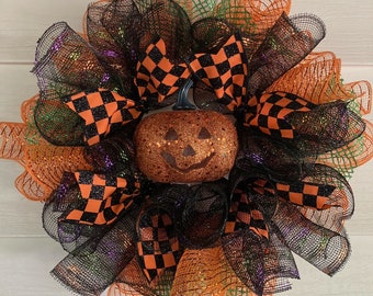 LIGHT UP Halloween Wreath, Pumpkin Wreath, Halloween Wreath Front Door, Halloween Decor, Pumpkin Decor, Halloween Door Hanger, LIGHTS Up