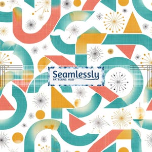 Puede incluir: Patrón geométrico abstracto en verde azulado, coral y dorado sobre fondo blanco. El diseño presenta formas curvas, triángulos y elementos de explosión estelar. El texto "Seamlessly PATTERNS HUB" se muestra en un cuadro azul.