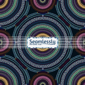 May include: Seamless pattern featuring concentric circles in shades of teal, purple, green, and yellow on a dark background. The design includes the text "Seamlessly PATTERNS HUB" in a white rectangle.