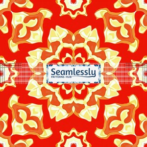 May include: A seamless pattern design featuring a repeating floral motif in shades of yellow, orange, and red. The design includes the text "Seamlessly PATTERNS HUB" in a white and blue banner.