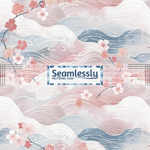 May include: A seamless pattern featuring a stylized landscape with rolling hills in shades of pink, blue, and white. Delicate cherry blossom branches with pink flowers are interspersed throughout the design. The text "Seamlessly PATTERNS HUB" is displayed.