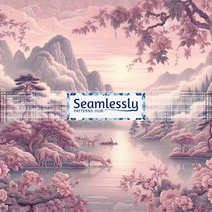 May include: A digital illustration of a serene landscape in shades of pink and purple. The scene features mountains, a lake, trees, and horses drinking water. The image includes the text "Seamlessly PATTERNS HUB".