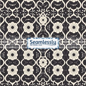 Puede incluir: Patrón repetitivo con fondo oscuro y diseño floral crema. El diseño incluye flores estilizadas, líneas curvas y pequeños puntos, creando un aspecto simétrico y ornamentado. El texto "Seamlessly PATTERNS HUB" es visible.