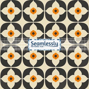 May include: A repeating pattern featuring stylized floral designs in black, cream, and orange. The flowers are set against a cream background. The text "Seamlessly PATTERNS HUB" is visible.