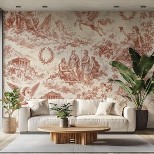 May include: A cream-colored wall mural featuring a repeating toile pattern in terracotta red. The design depicts classical Greek mythological figures, winged horses, ancient temples, and laurel wreaths set against a backdrop of clouds.