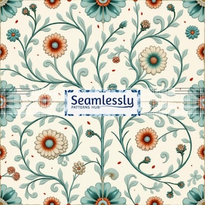 Motif floral en majolique sans couture, style Cottagecore vintage, atout du designer, carreaux répétés, art botanique élégant, téléchargement numérique