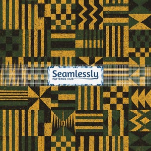 May include: A digital graphic featuring a repeating grid of mustard yellow and dark green geometric shapes, including stripes, checkers, and zigzags with a textured finish. A white rectangular label with the text Seamlessly PATTERNS HUB overlays the centre.