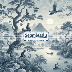 May include: A serene, blue and white illustration of a landscape with monkeys, birds, and a boat on a lake. The image features a full moon, trees, and mountains. The text "Seamlessly PATTERNS HUB" is displayed across the image.