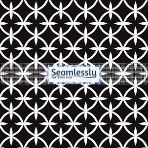 May include: A repeating black and white geometric pattern. The design consists of overlapping circles with four-pointed star shapes. The pattern is symmetrical and seamless. The text "Seamlessly Patterns Hub" is visible.