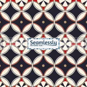 Puede incluir: Patrón geométrico repetitivo con círculos crema superpuestos, detalles rojos y azul marino, y pequeños puntos dorados. Formas geométricas en blanco y negro llenan los espacios. El texto "Seamlessly PATTERNS HUB" se muestra en un rectángulo azul.