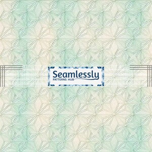 May include: A seamless pattern with a geometric design. The pattern features a repeating star-like motif in shades of white, green, and beige. The text "Seamlessly PATTERNS HUB" is displayed across the centre of the image.