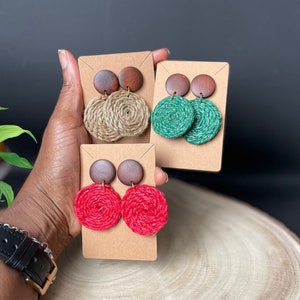 Handwoven Jute and Wood Drop Stud Earrings/ Upcycled Jute Rope Boho Dangle Earring/ Statement Textile Cord Drop Earrings/ Gift for Her