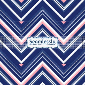 Peut inclure: Un motif sans couture avec un motif de chevrons bleu marine, accentué de rayures blanches et roses. Le motif comprend le texte "Seamlessly PATTERNS HUB" dans une bannière blanche.