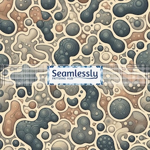 May include: A seamless pattern with abstract shapes in grey, brown, and beige. The design features organic forms with textured details, creating a complex and artistic composition. The pattern is repeated across the image. The text "Seamlessly Patterns Hub" is visible.
