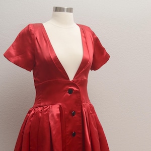 1980s Does 50s Red Duchess Satin Formal Dress Deep V Neckline S/M