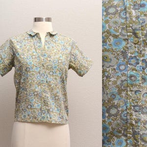 1960s Vintage Green & Blue Floral Button Down Blouse with short cuffed sleeves S