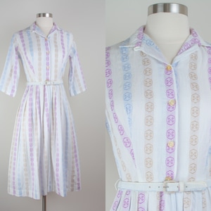 1950s Vintage Sutton Cotton Pastel Striped Pleated Summer ShirtDress Dress Deadstock