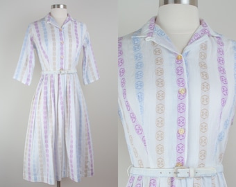 1950s Vintage Sutton Cotton Pastel Striped Pleated Summer ShirtDress Dress Deadstock