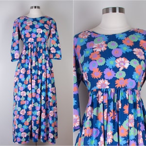 1960s Vintage Retro Floral Empire Line Maxi Dress with tie waist