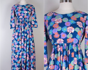1960s Vintage Retro Floral Empire Line Maxi Dress with tie waist