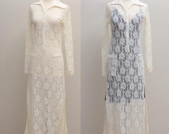 1970s Floral Lace Vintage Cream Dress Robe with front Zipper M