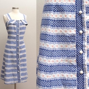 Vestido de verano vintage de mezcla de algodón, de los años 70, con encaje a rayas y estampado de lunares, botones, talla L/XL