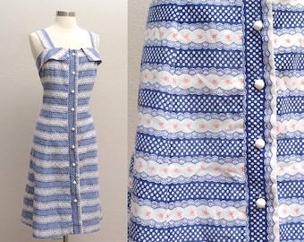 Robe d'été boutonnée en coton mélangé vintage des années 1970 à rayures en dentelle et à pois L/XL