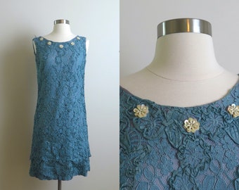 1960s Vintage Blue Floral Lace Scalloped Hem Beaded & Sequin Shift Sheath Dress