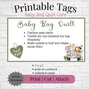 Printable Tag/Care Card for Baby Rag Quilt Green | Instant Download | Print, Cut & Attach to Handmade Item | Craft Show | Small Business