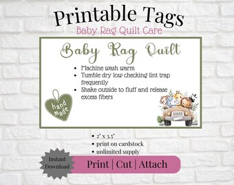 Printable Tag/Care Card for Baby Rag Quilt Green | Instant Download | Print, Cut & Attach to Handmade Item | Craft Show | Small Business