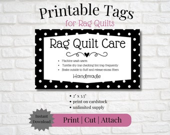 Printable Tag/Care Card for Rag Quilt | Polka Dots | Instant Download | Print, Cut & Attach to Handmade Item | Craft Show | Small Business