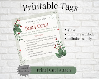 Printable Tag/Care Card for Microwave Bowl Cozy Holiday 4&quot; x 4&quot; | Instant Download | Print, Cut & Attach to Handmade Item | Craft Show|Gift