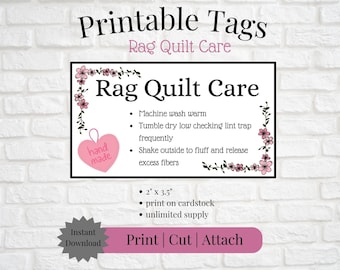 Printable Tag/Care Card for Rag Quilt | Instant Download | Print, Cut & Attach to Handmade Item | Craft Show | Small Business