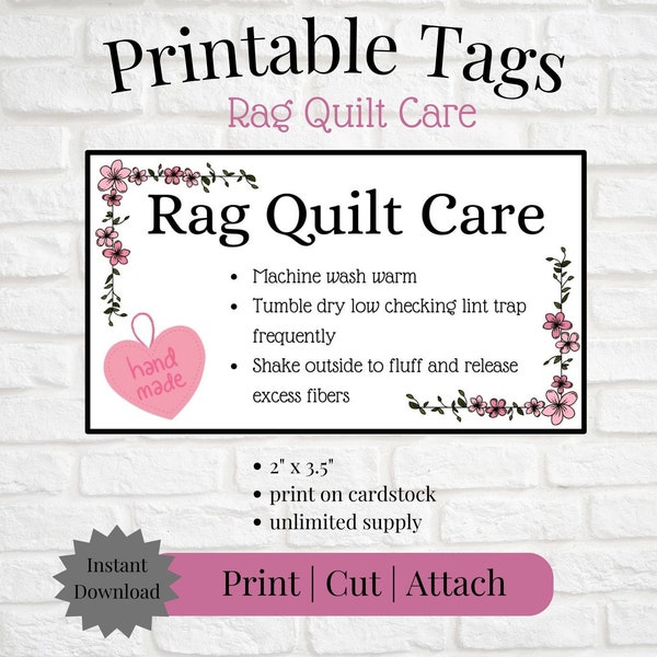 Printable Tag/Care Card for Rag Quilt | Instant Download | Print, Cut & Attach to Handmade Item | Craft Show | Small Business