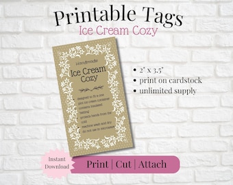 Printable Tag/Care Card for Ice Cream Cozy | Instant Download | Print, Cut & Attach to Handmade Item | Craft Show | Gifting | Small Business